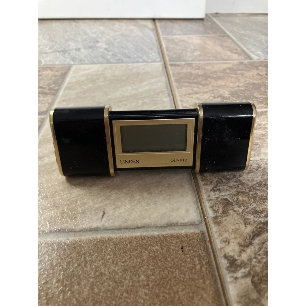 Linden Quartz Vintage Travel Alarm Clock Black Gold Sliding Digital Pocket Size